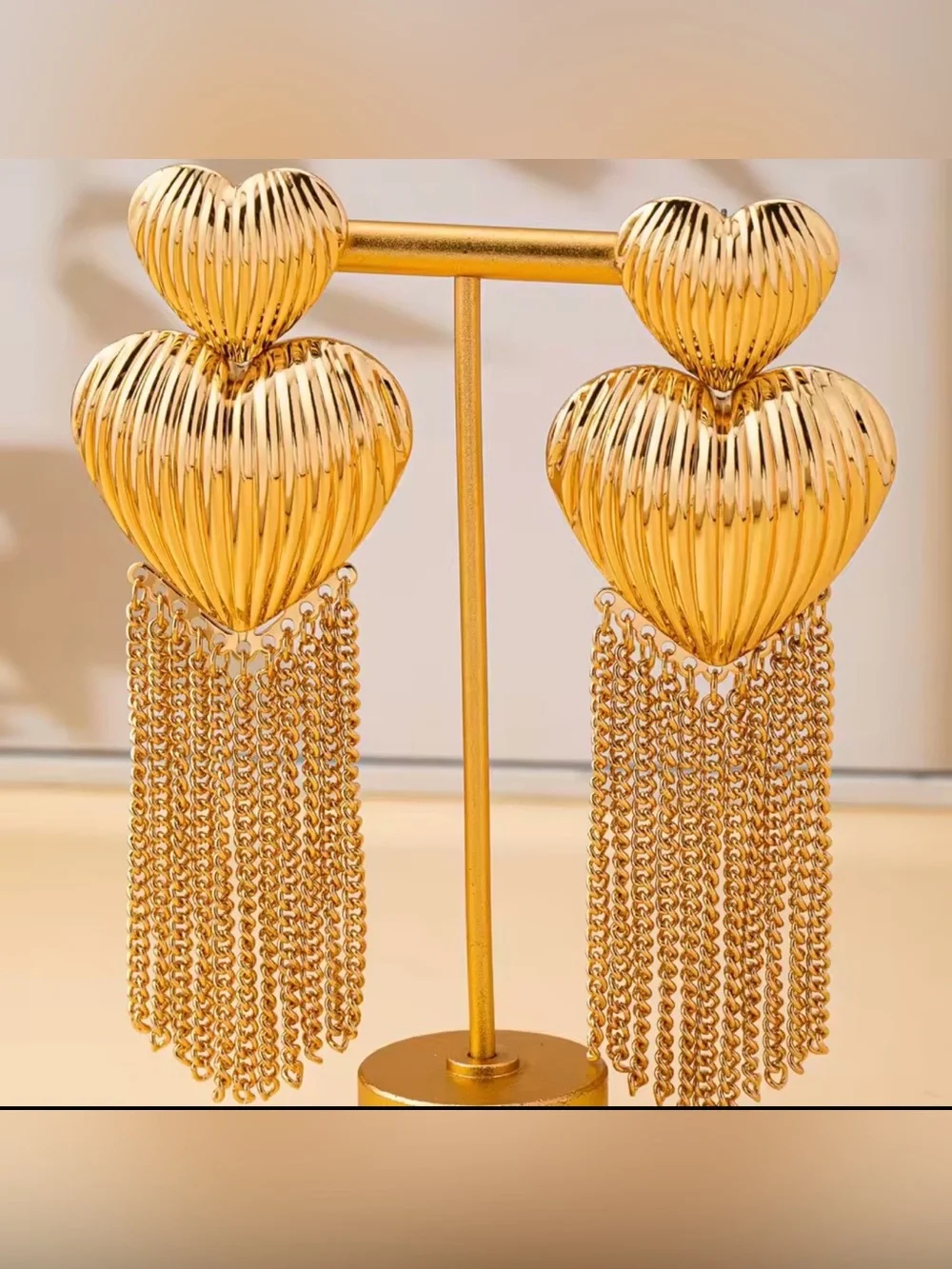 Gold Heart Tassel Drop Earrings